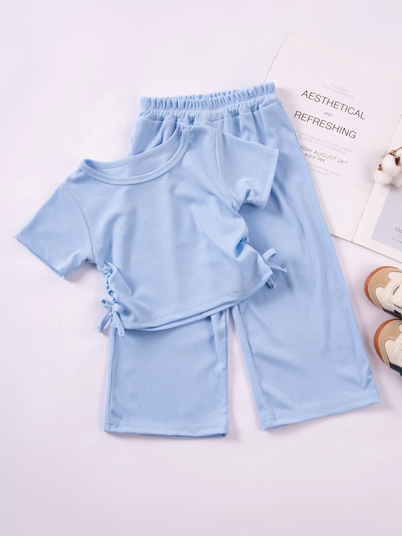 Toddler Girls' Girly Fashion Short Sleeve Top & Nine-Tenth Pants Set, Summer Clothing Set, Knit Elastic Round Neck Waist Drawstring, Valentine's Day Gift, Summer Casual Cute Style, 3-8 Years