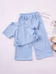 Toddler Girls' Fashion Short Sleeve Top & Nine-Tenth Pants Set, Knit Elastic Round Neck Waist Drawstring, Valentine's Day Gift,Summer Casual Cute Style, 3-8 Years