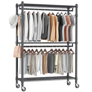 Heavy Duty Clothes Rack on Wheels Metal Garment Rack with Height Adjustable Wire Shelves 80.7"H  Freestanding Wardrobe Laundry Rack with 2 Hanging Rods 2 Side Hooks Clothing Storage for Bedroom, White Outdoorfun