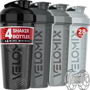 VELOMIX 4-Pack 28oz Protein Shaker Water Bottles (Aqua Depths Color) - Leak-Proof, BPA-Free, Dishwasher Safe, Easy-Flip Lid, Wire Whisk, Car Holder Fit for Protein Mixes, Gym Use