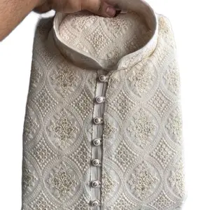 Indian Pakistani thread & sequins embroidery kurta with trousers or shalwar 2 piece formal men dress Menswear Clothing Outfit Long Sleeve  Traditional