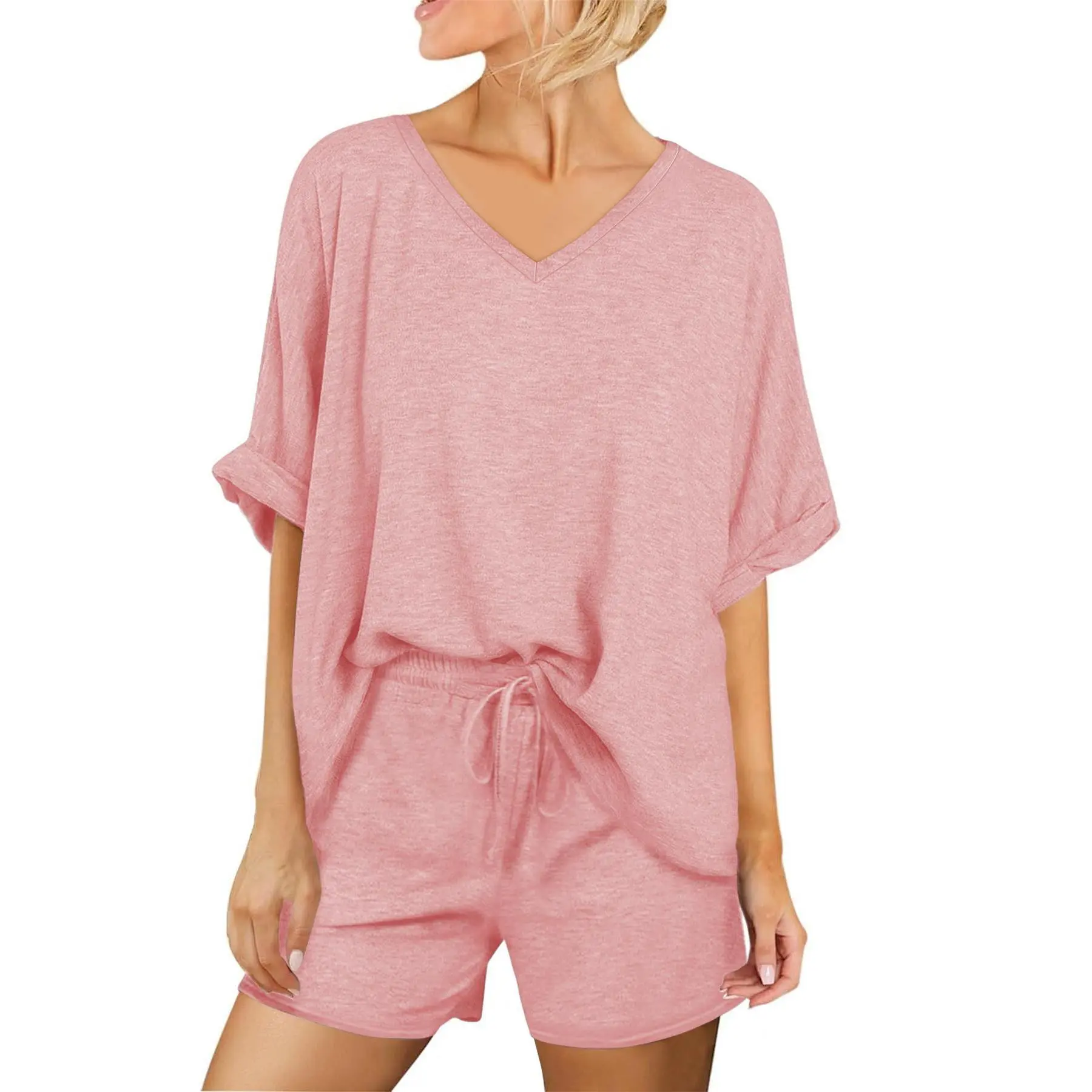 Renaishow Women's 2-Piece Casual Fashion Set - Chic V-Neck Oversized Cuffed Short-Sleeve T-Shirt, Drawstring Comfortable Shorts, Summer Outfit, Fitted, Outfit Inspiration, Women 2 Piece Sets, Plain, Above The Knee, Knit, Pull On