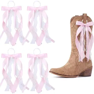 4 Pcs Pink Ribbon Boot Bow for Cowgirl Boots Lace Bows Clip Decor Removable for Wedding Women DIY Bridal Shower Reception Accessory Supplies Gifts