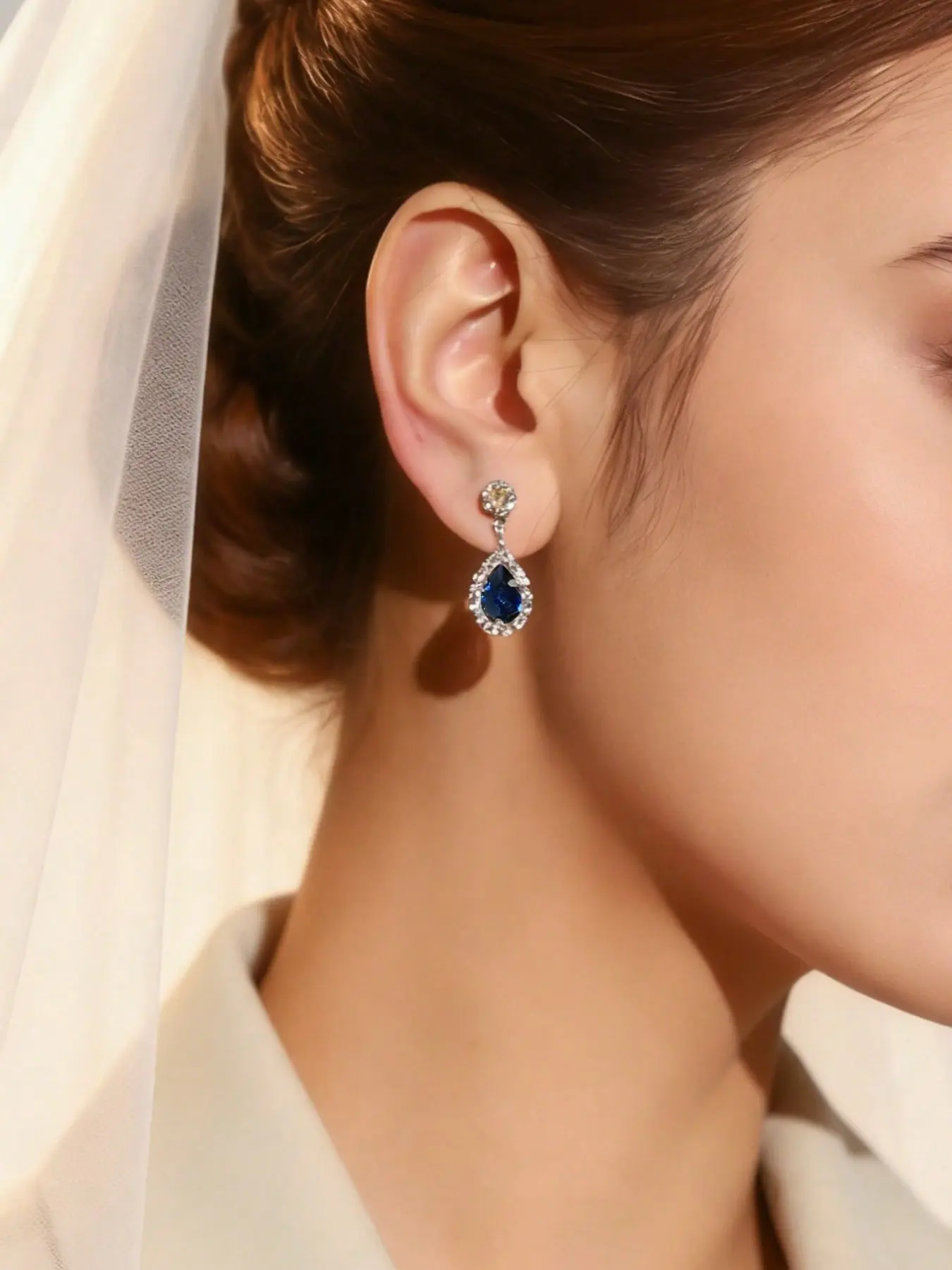 1 Pair of Elegance Bride Blue Waterdrop Earrings, Copper Rhinestone Zircon Wedding Jewelry