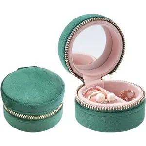 Travel Ring Box with Mirror,  Lined  Organizer for Women - Mini Portable Case for Engagement, Wedding Band, Earrings,Necklaces | Bridesmaid Proposal  (Green)