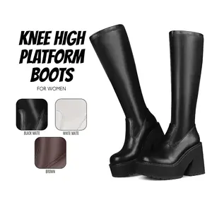 Knee High Platform Boots for Women Round Toe Chunky Block Heel Comfy Wide Calf Easy Pull on Motorcycle Combat Punk Gifts Party Work Casual Dress Fashion Shoes GOGO Booties