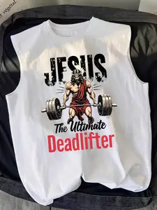 Men's Trendy Jesus Lifting Weights Print Vest, Casual Sleeveless Sport Tank Top, Ideal for Summer Outdoor Activities & Fitness, Fashionable & Versatile