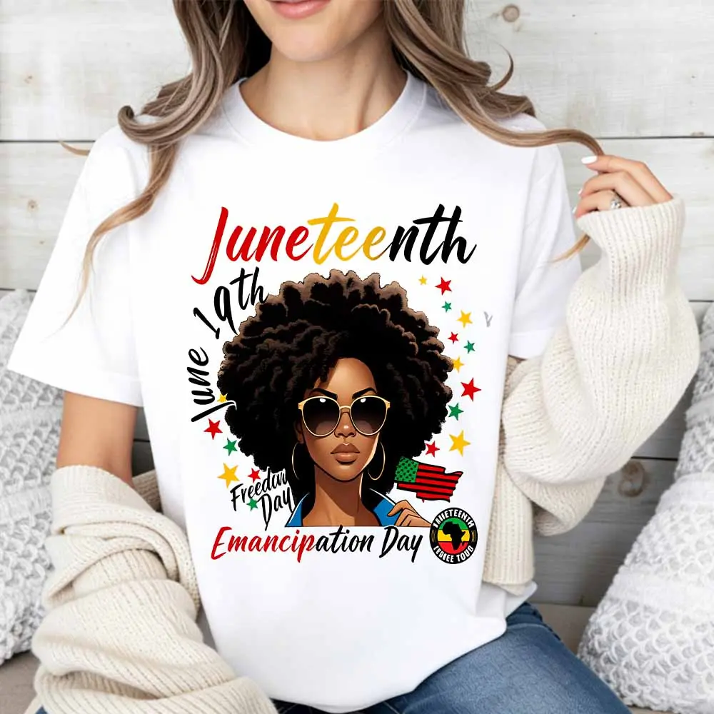 June 19th Juneteenth Freedom Day Emancipation Day Afro Woman With Flag And Stars Print T Shirt Crew Neck Casual Loose Fit For Everyday Wear And Outdoor Activities