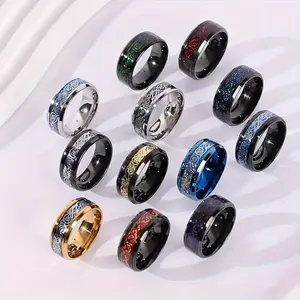 [Stainless Steel Rings] 12Pcs Of 8Mm 201 Stainless Steel Rings For Men And Women, Celtic Dragon Beveled Celtic Black Ring, 201 Stainless Steel Golden Wedding Ring Set Size 7-13, Non Precious Metal