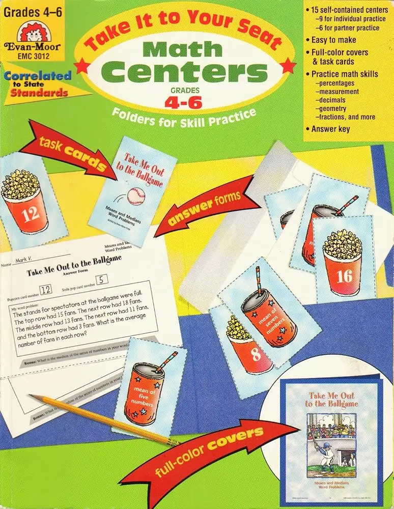 Interactive Math Learning Book Set - 15 Self-Contained Centers, 6 for Partner Practice, Grades 4-6 Educational School Classroom Learning Materials