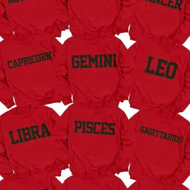 Women's Zodiac Signs Graphic Top - Black-on-Red Print, Unisex Round Neck T-Shirt, Sweatshirt or Hoodie, Women's Clothes, Sagittarius Taurus Aries Gemini, Casual Streetwear Fashion