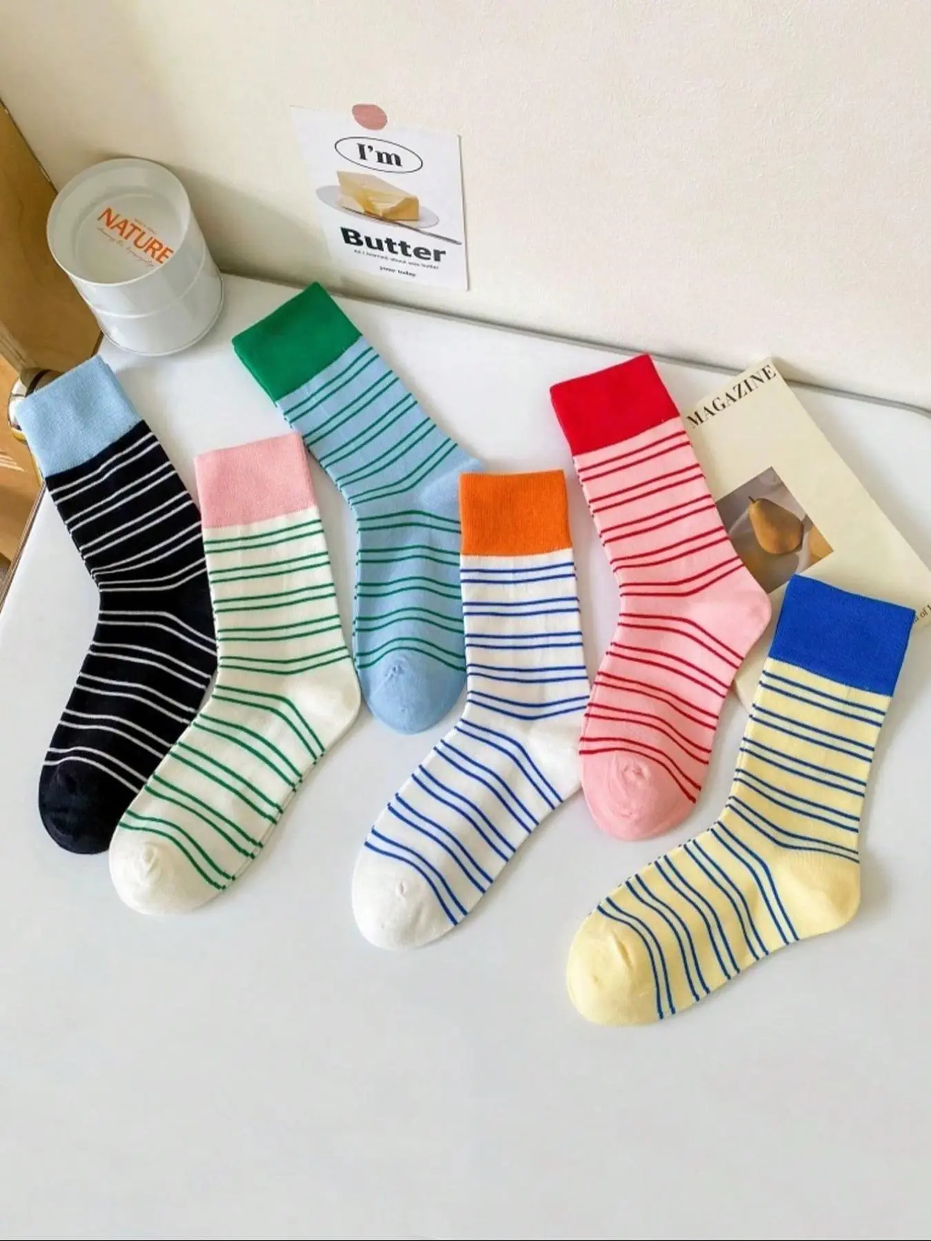 Women's Striped Print Mid-calf Socks, Fitted Casual Socks, Socks Bulk, Casual Comfortable Breathable Socks for Daily Wear, Women's Socks for All Seasons, Breathable Comfy Socks, Soft Breathable Socks