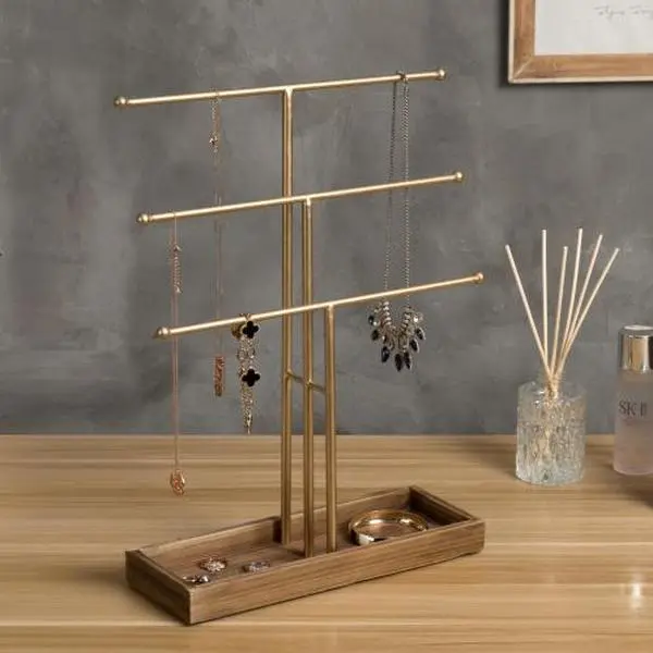 Gold Metal Jewelry Display Stand w/ Wooden Ring Tray
