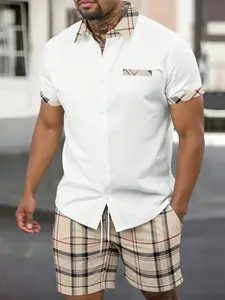Men's Vintage Casual Fashion Woven Short Sleeve Shirt Set for Summer, Lightweight Regular Fit Stylish Tops for Ages 18-54, Shortsleeve, Tropical
