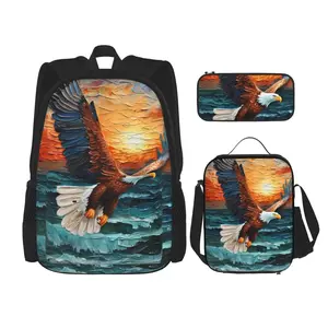 Naloa Textured Bald Eagle Print Large Capacity Backpack Lunch Bag Pencil Case Combination 3 Piece Set for Student
