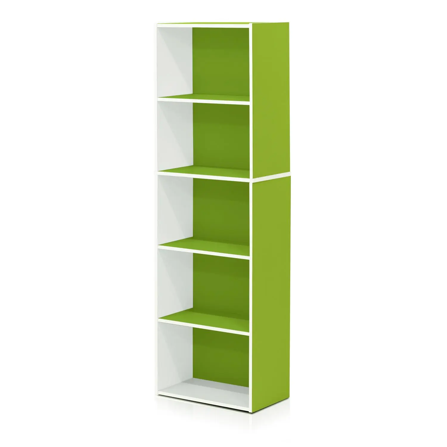LUDER Modern Corner Bookshelf - Compact 5-Cube Open Particle Board Bookcase, 15.75(w)x51.97(h)x9.44(d)in Stylish Storage Unit, Quick Setup Assembly Required, for Living Room, Home Office, White/Green