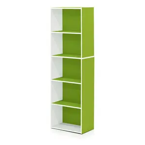 LUDER Compact Easy 5-Cube Open Shelves Bookcase, 9.4x15.8x52in Stylish Look Storage Shelf, for Living Room Bedroom Home Office, White/Green Modern Corner Bookshelf
