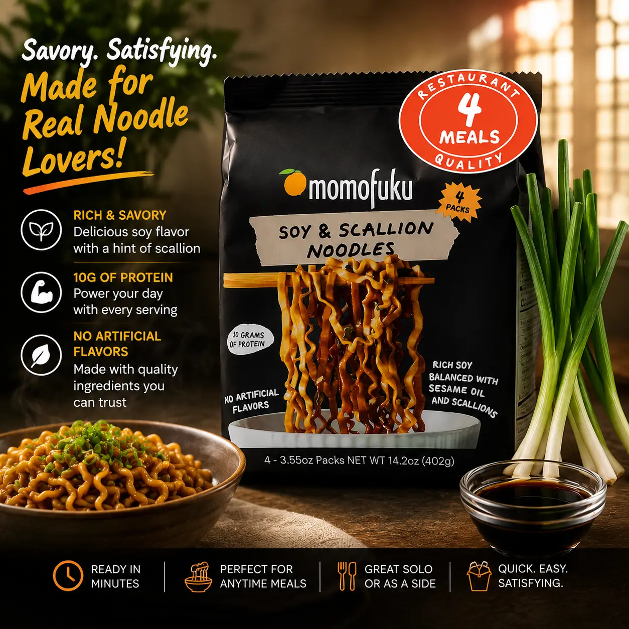 David Chang Soy & Scallion Ramen Noodles - 4-Pack Restaurant-Quality Instant Noodles with More Sauce, 10g Protein, Low-Carb Staple