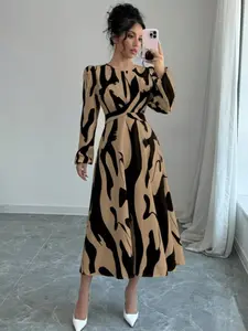 Women's All Over Print Belted Fit A Line Dress, Elegant Formal Evening Bishop Sleeve Zipper Back Long Dress for Spring & Fall, Women's Clothing for Daily Wear, Chic Womenswear, Elegant Fitted Dresses
