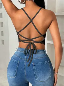 Women's Adjustable Strap Backless Fitted Crop Cami Top, Womenswear Casual Solid Color Cropped Tank Top for Summer, Fashion Women's Top for Daily Wear