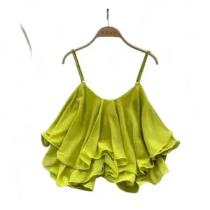 Women's Ruffled Tank Top with Spaghetti Straps, Plain Pattern, Summer Medium Length Comfortable Womenswear