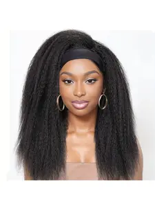 Kinky Straight Headband Wig for Women, Yaki Straight Wigs with Headband, 26 Inches Long Synthetic Machine Wigs, Natural