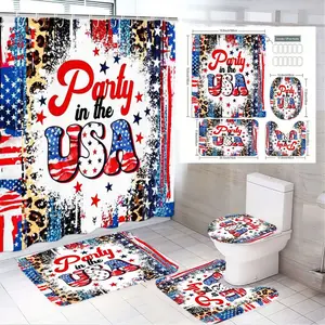 1/4pcs USA Patriotic 'Party in the USA' Shower Curtain Set - White with Red Blue Stars, Flag Motifs, Matching Toilet Lid Cover & 2 Mats - 4th of July, Memorial Day, Independence Day Bathroom Decor, Bathroom Decoration Accessories, Shower Essentials