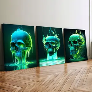 3-count wooden frame canvas, irion-dollar liquid skull dark style decorative poster, Modern Cool Design, cool game room decoration, suitable for living room, bedroom and corridor decoration, waterproof printing