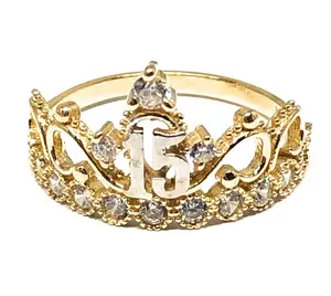 10k Solid Gold Yellow Crown CZ Mis 15 Años Ring