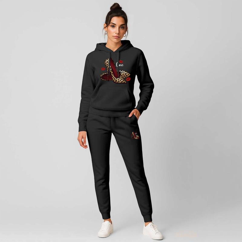 Women's Leopard Print Love High Heels Hoodie And Drawstring Track Pants Set, Casual Sportswear, Long-Sleeved Hooded Jacket And Pants, Suitable For Autumn And Winter, Everyday Wear, Indoor And Outdoor Sportswear, Casual Sportswear.