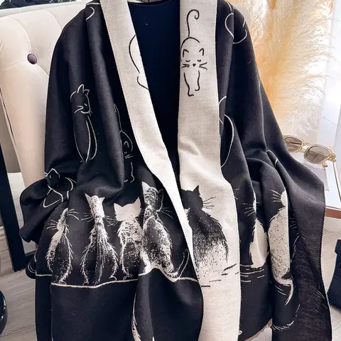 Elegant Cat Pattern Woven Scarf for Women, Boho Style Thick Fabric Shawl, Fitted Animal Print Design, Perfect for Fall & Winter Wear Blanket Scarf, Soft Warm Shawl, Fashion Shawl Wrap