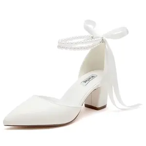 Pearl Wedding Shoes for Bride Block Heel Bridal Shoes Pointed Toe Wedding Heels-Ivory-6cm-9
