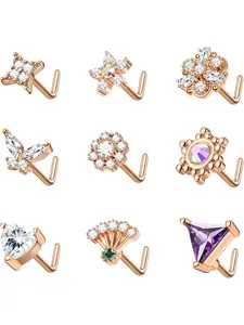9 Pcs for Women Men 20G Nose Rings Stud L Shaped Stainless Steel Nose Stud Butterfly Heart Flower Nose Piercing Jewelry Comfort Fit Smooth Surface Easy to Insert Secure Fit