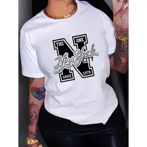 Women's New York Print T-Shirt - Casual Round Neck Short Sleeve Lady Top for Spring & Summer, Sports & Outdoor Casual Wear Sports Top