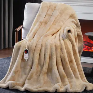 Heated Blanket Electric Throw, Soft Faux Rabbit Fur Electric Blanket with 10 Heating Levels 5 Sitting Timer Auto Off, Cozy Warm Heating Blankets, Machine Washable(50"×60" Beige)
