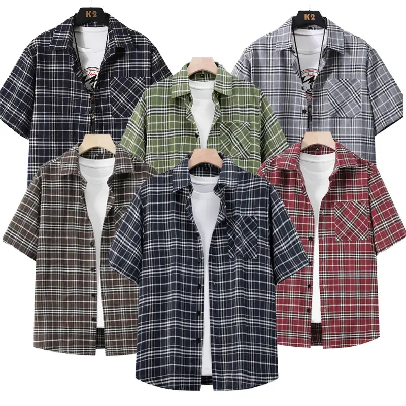 Men’s casual plaid short-sleeve shirt, 1 piece pack, button front, notched collar, chest pocket, versatile for spring/summer