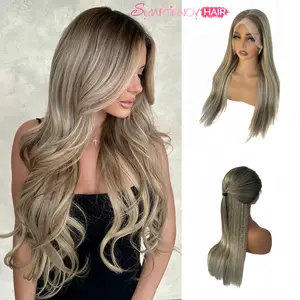 【Brand new version 100% Human Hair】Ash Brown Highlight Balayage Human Hair Lace Front Wig 32 Inch | 13x6 HD Transparent Lace Pre-Plucked | 200% Density Silky Wig
