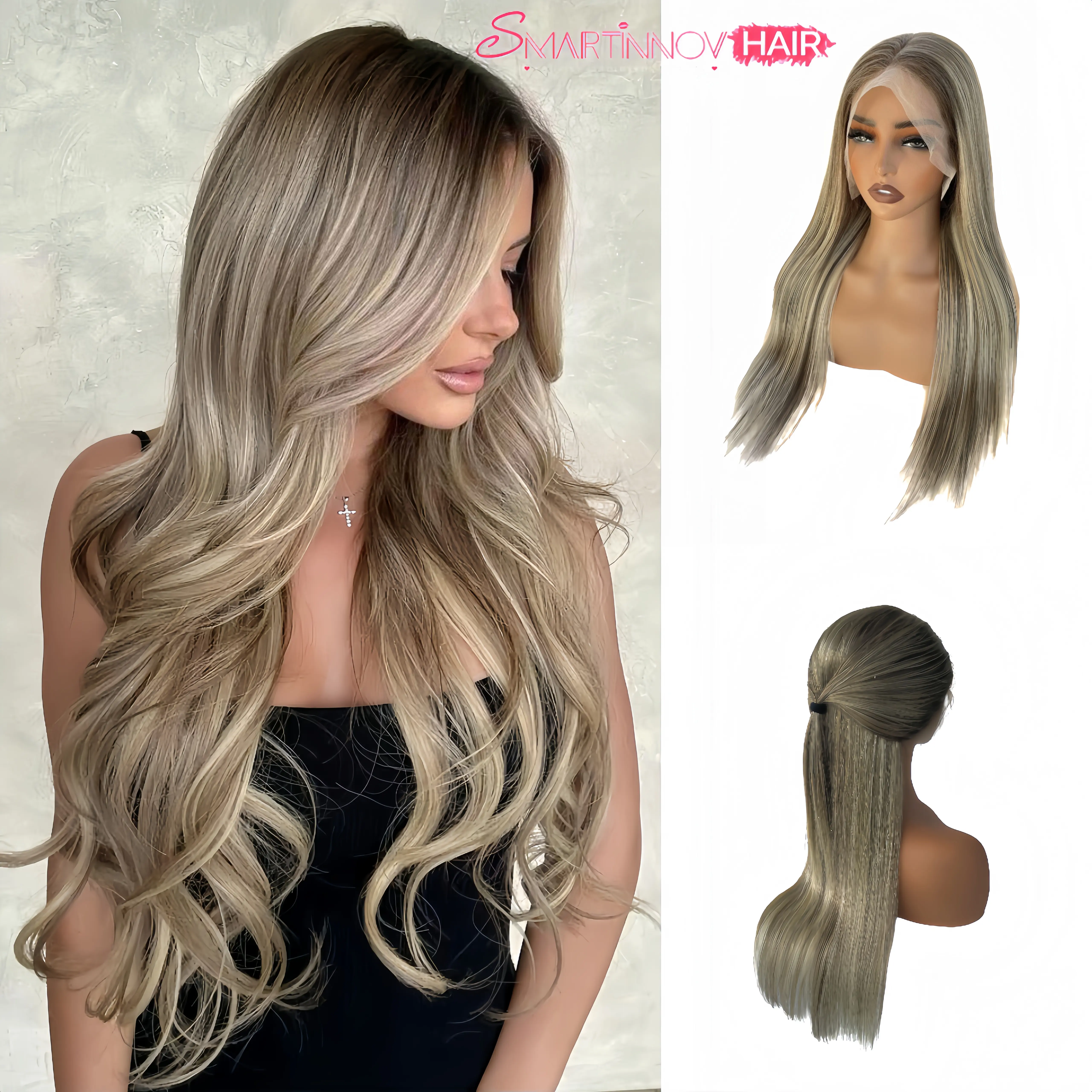 【Brand new version 100% Human Hair】Ash Brown Highlight Balayage Human Hair Lace Front Wig 32 Inch | 13x6 HD Transparent Lace Pre-Plucked | 200% Density Silky Wig