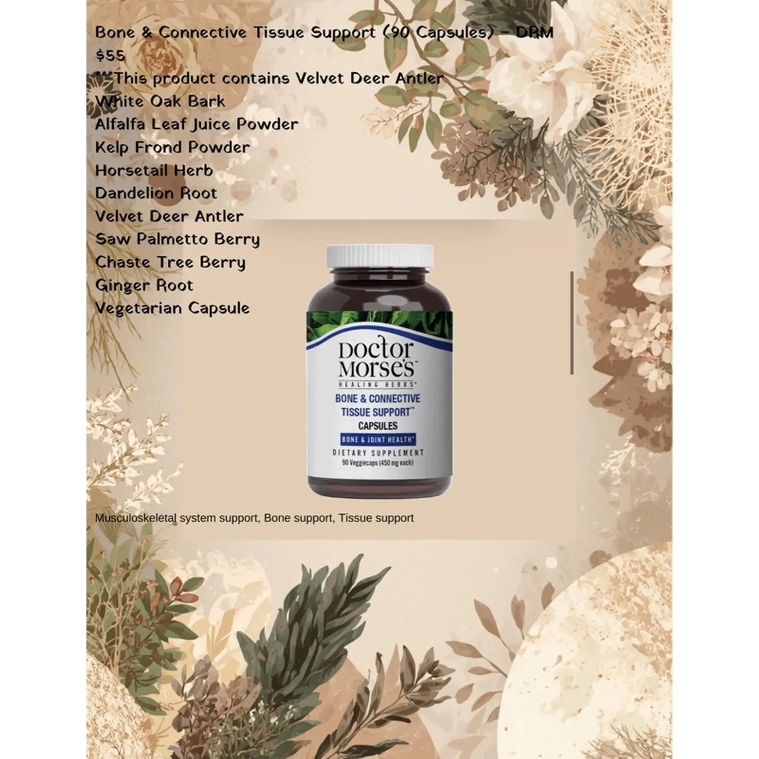 Doctor Morses Bone & Connective Tissue Support Capsules with Velvet Deer Antler and Alfa Oak Bark for Bone Health