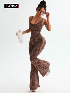Women's Leopard Print Yoga Jumpsuit, Cross Strap Design, Long Sleeve Slim Fit, Casual Fashion for All Seasons, Comfortable Wear at Home, Sport Jumpsuit