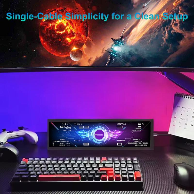Wisecoco 7.84 Inch Mini Monitor HD IPS 1280x400 Bar LCD Secondary Screen with Casing for macOS & Windows AIDA64 CPU GPU Speed & Temperature Monitoring
