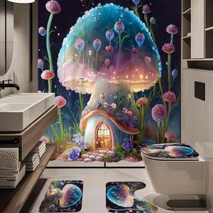 1/4pc Fairy Tale Mushroom House Pattern Bathroom Set, The 4-piece set includes a single shower curtain, anti slip floor mat, toilet U-shaped mat, toilet lid mat, with shower curtain hook, and belongs to bathroom decoration products
