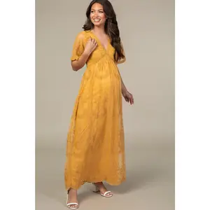 PinkBlush Mustard Lace Mesh Overlay Maternity Maxi Dress