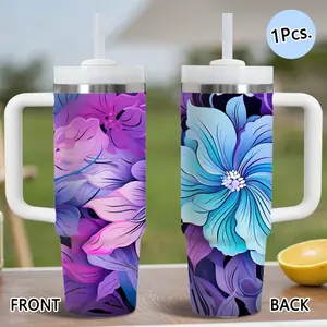 PIKPAKA Abstract Floral Pattern Vacuum Flasks 40oz Stainless Steel Insulated Tumbler with Handle & Straw, Leakproof Travel Mug, 12H Cold Retention, Christmas & Holiday Gift Idea for Friends, Family & Coworkers