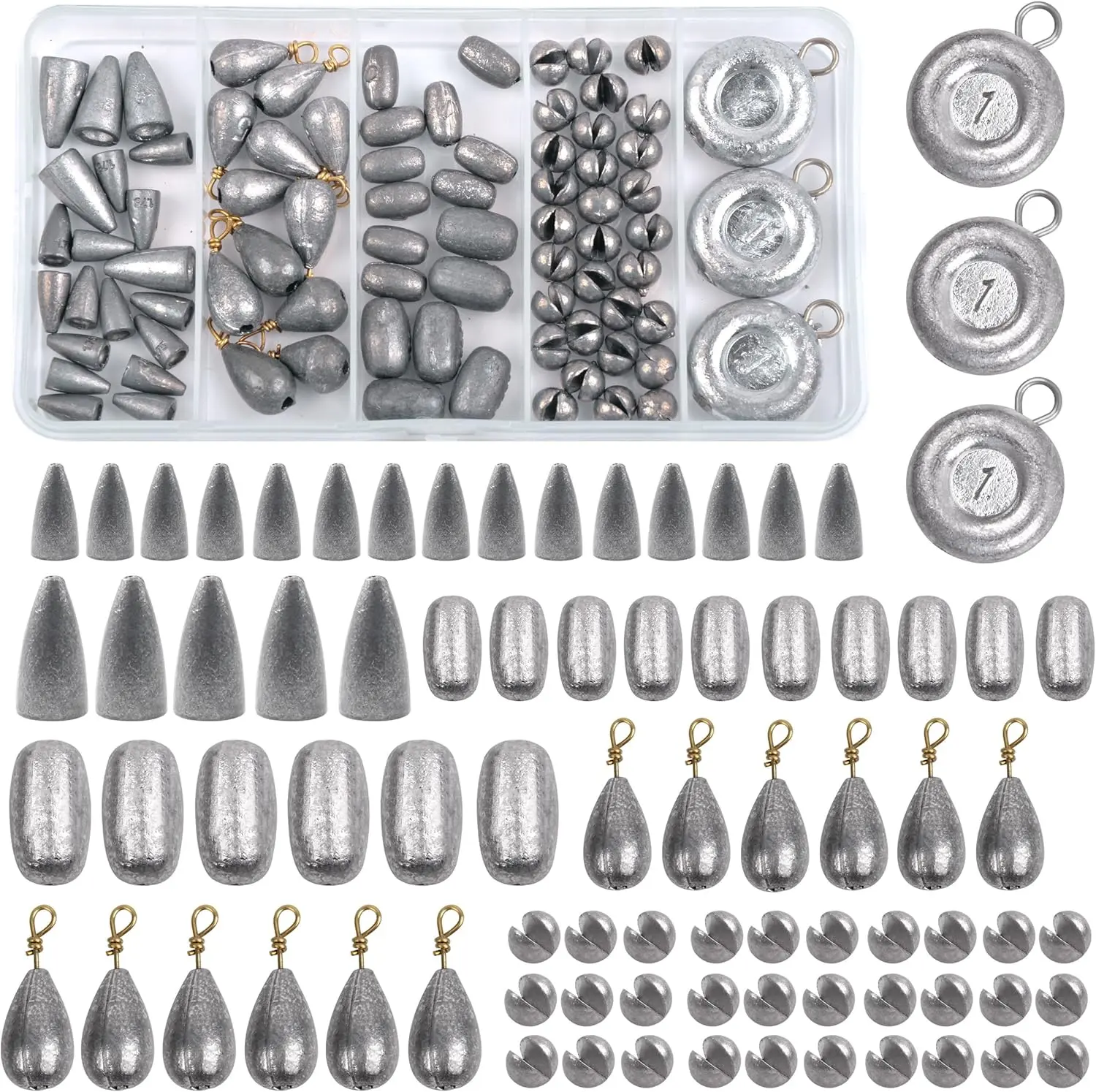 81pcs Fishing Weight Sinkers Kit with Tackle Box, Assorted Drop-Bass Split Shot Coin Weights Fishing Accessories for Saltwater Casting