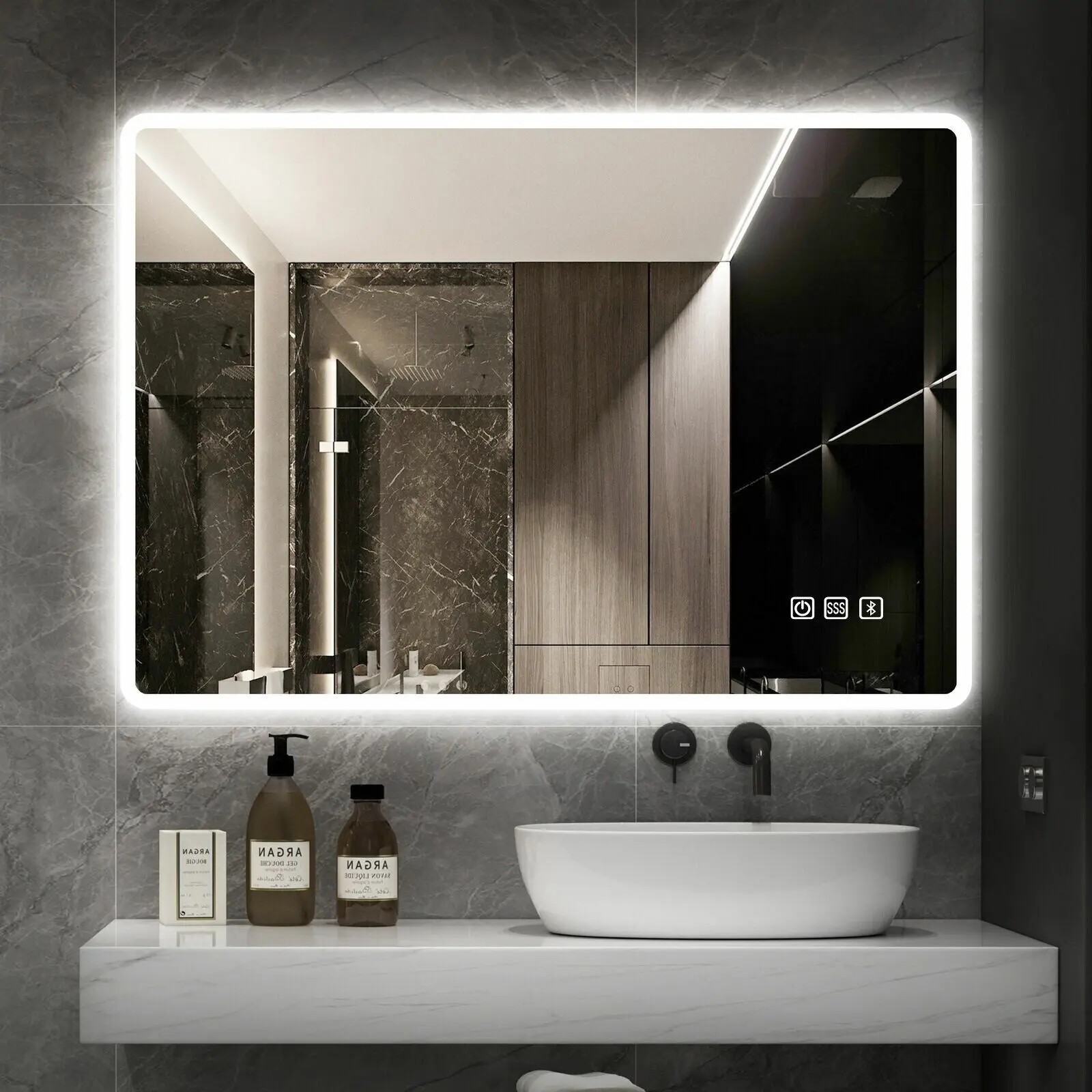 Bathroom Mirror Antifog Wall Vanity Illuminated Mirror Touch Bluetooth IP44