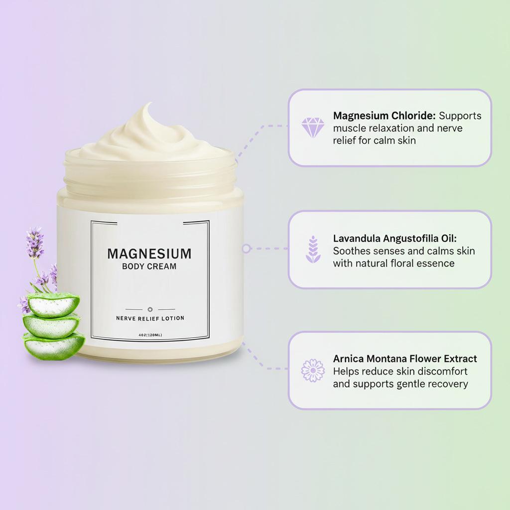 Quickly absorbed body lotion, a soothing lotion for nerves on the body, legs and hands | Contains magnesium chloride and aloe extract | Oil-free formula, suitable for both daytime and nighttime use | A thoughtful gift for moms, dads, men and women