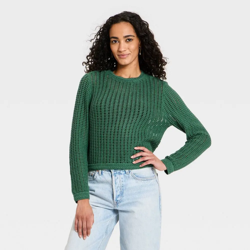 Women's Crochet Openwork Crewneck Pullover Sweater - Universal
