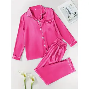 [Valentine's Day]Two-Piece Set Women's Solid Contrast Binding Satin Pyjamas, Pajamas, Long Sleeve Lapel Button Front Shirt & Elastic Waist Pants PJ Set, Casual Comfortable Sleepwear Set for Women