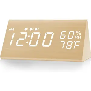 JALL Alarm Clock, with Wooden LED Time Display, 3 Alarm, Humidity & Temperature Detect, Wood Made Electric Clocks for Bedroom, Bedside (Yellow)